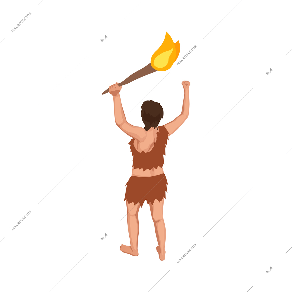 Back view of caveman holding torch 3d isometric vector illustration