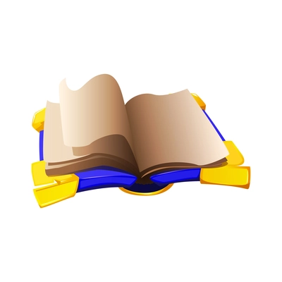 Open ancient book in blue cover with golden corners cartoon vector illustration