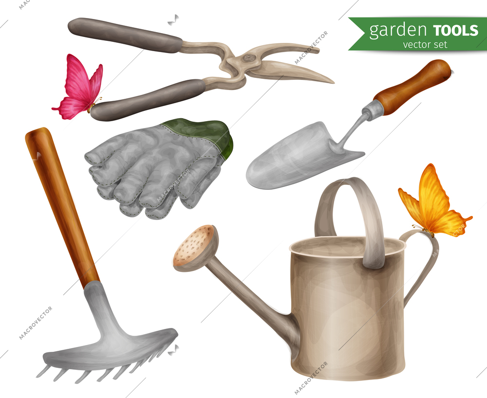 Garden tools farming agriculture equipment decorative icons set isolated vector illustration.