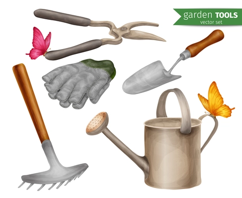 Garden tools farming agriculture equipment decorative icons set isolated vector illustration.