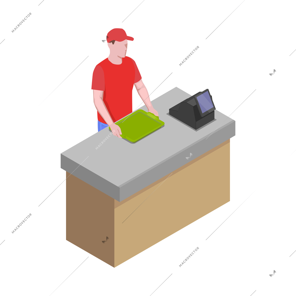 Isometric icon with male worker at fast food restaurant counter 3d vector illustration