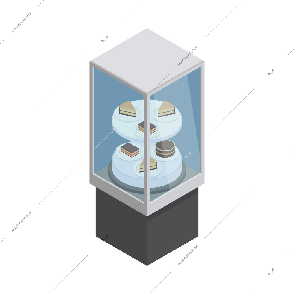 Cafe showcase stand with various desserts 3d isometric vector illustration