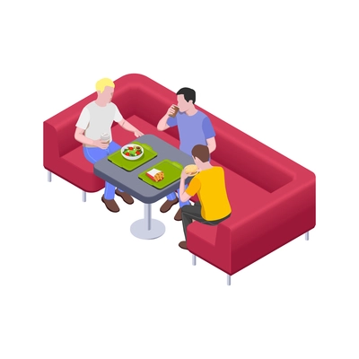 Food court isometric icon with people eating and drinking coffee 3d vector illustration