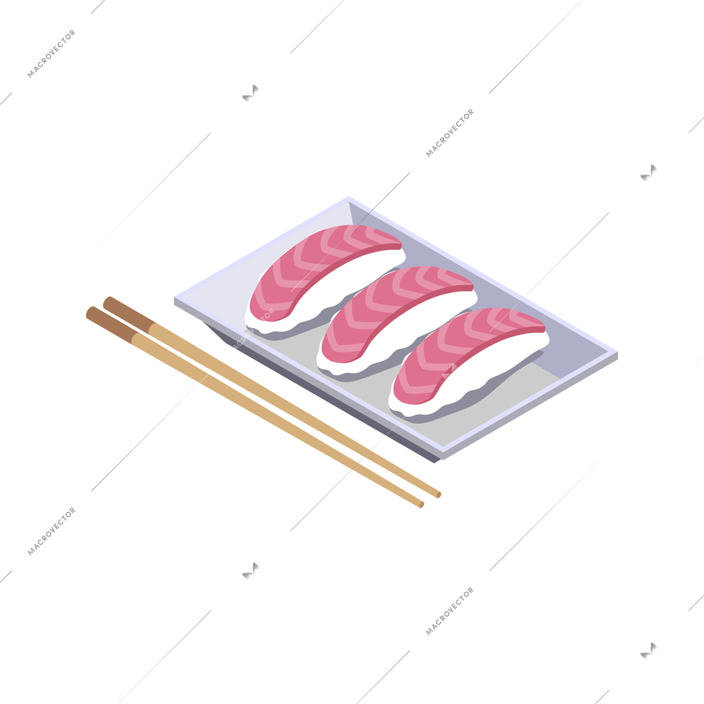 Isometric icon with tuna sushi and chopsticks 3d vector illustration