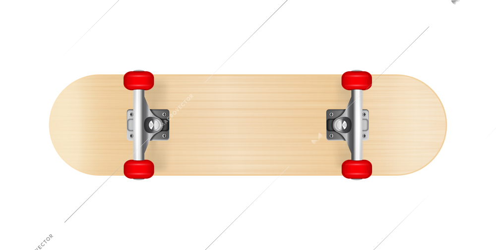 Realistic skateboard with red wheels bottom view vector illustration