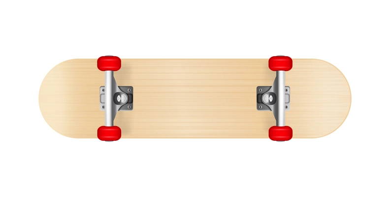 Realistic skateboard with red wheels bottom view vector illustration