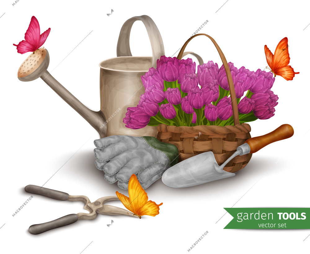 Garden tools farming agriculture equipment with tulip flower basket vector illustration