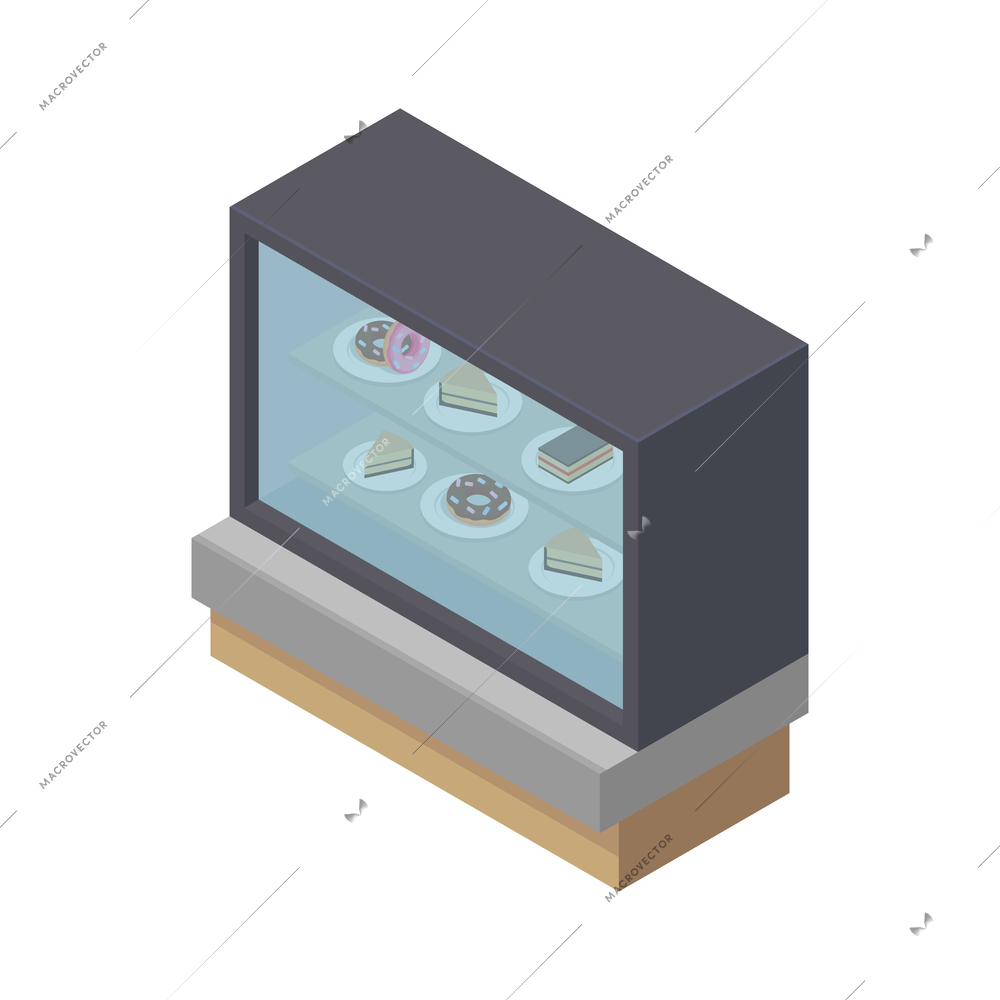 Isometric showcase of cafe with cakes and donuts on plates 3d vector illustration