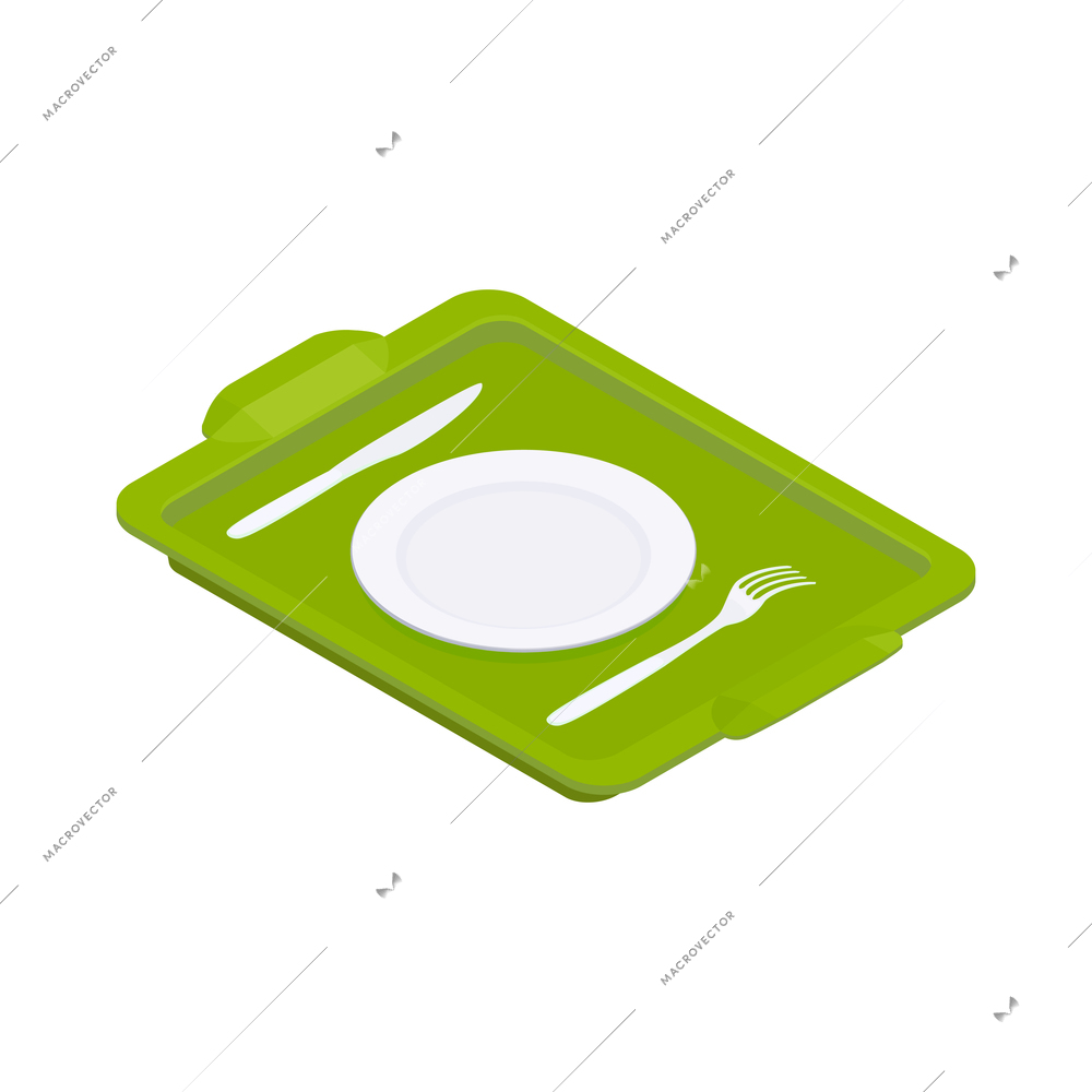 Food court isometric icon with clean plate fork and knife on green tray 3d vector illustration