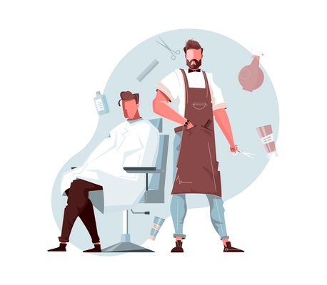 Flat barbershop composition with flat characters of bearded barber and male client vector illustration