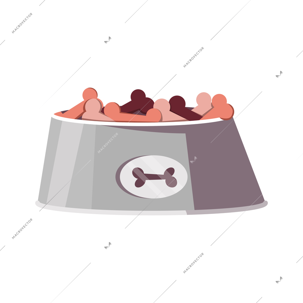 Flat bowl with dog food crisps in shape of bones vector illustration