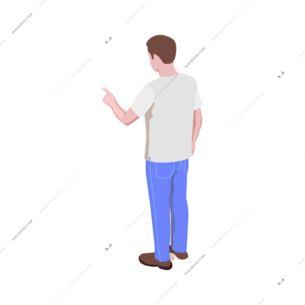 Isometric icon with back view male character pointing with finger 3d vector illustration