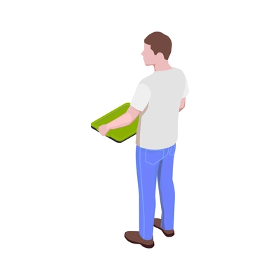 Man standing with empty tray in food court or canteen back view isometric icon 3d vector illustration