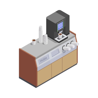 Isometric table with coffee machine in canteen or food court 3d vector illustration