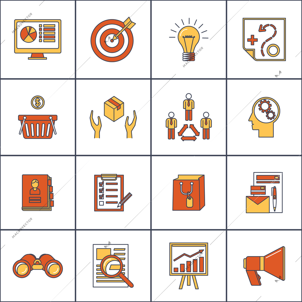 Marketer finance money shopping marketing business search buying flat line icons set isolated vector illustration