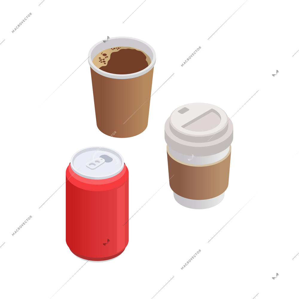 Isometric icon with paper and plastic cups of coffee and can of fizzy drink isolated vector illustration