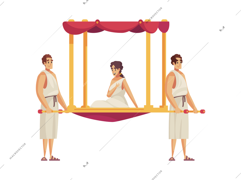 Ancient rome composition with two people carrying woman in palanquin cartoon vector illustration