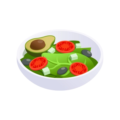 Isometric icon with bowl of healthy green salad with avocado and cheese 3d vector illustration
