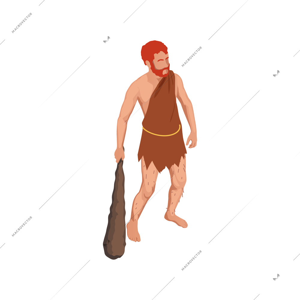 Prehistoric caveman armed with cudgel isometric vector illustration