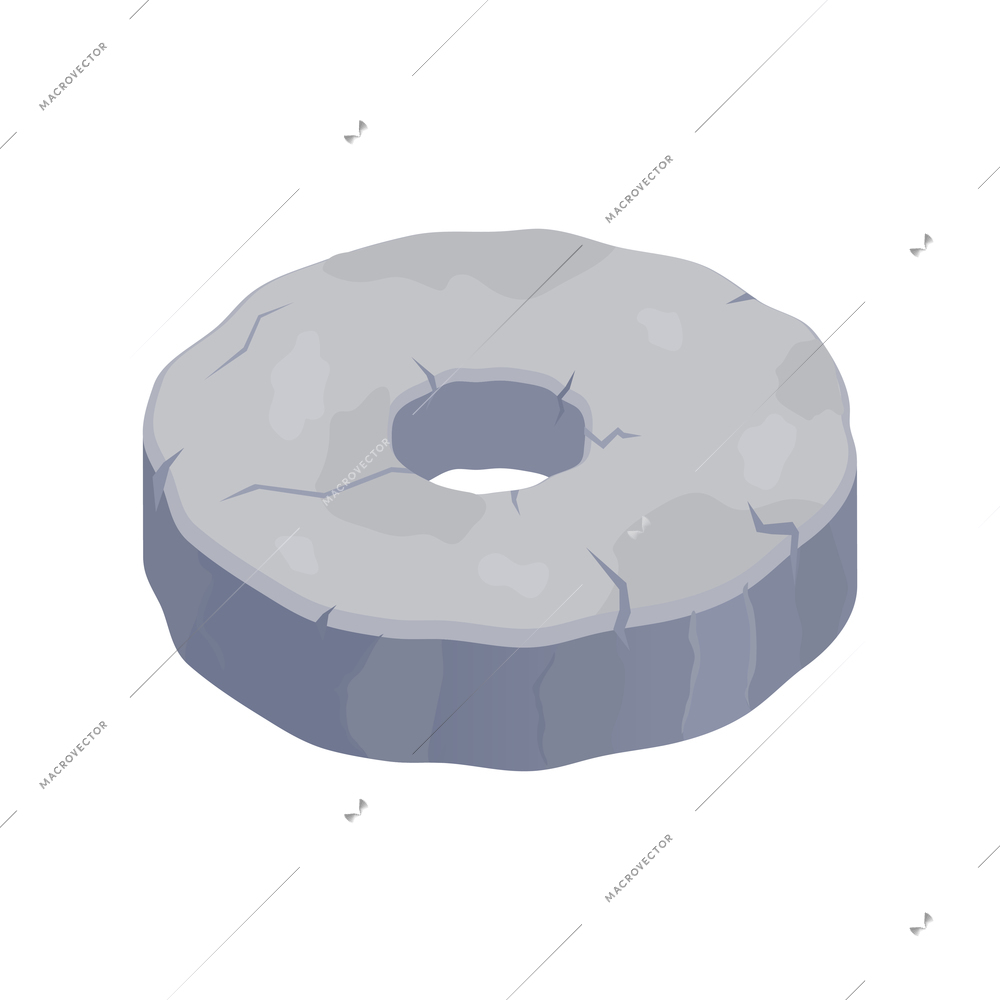 Isometric stone wheel primitive people tool on white background vector illustration