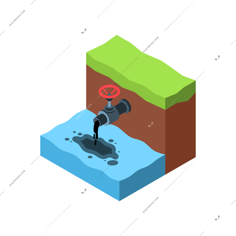 Water pollution icon with oil flowing out of pipe 3d isometric vector illustration