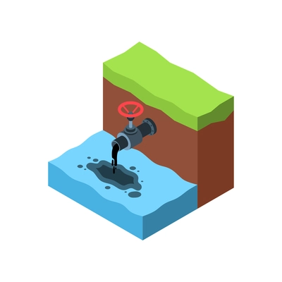 Water pollution icon with oil flowing out of pipe 3d isometric vector illustration