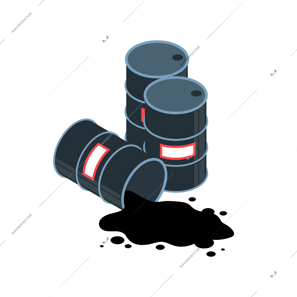 Environmental pollution isometric icon with three metal barrels and spilled oil 3d vector illustration