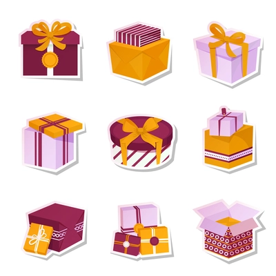 Holiday boxes and package gift container paper stickers isolated vector illustration