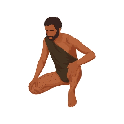 Isometric character of sitting dark skinned prehistoric man 3d vector illustration