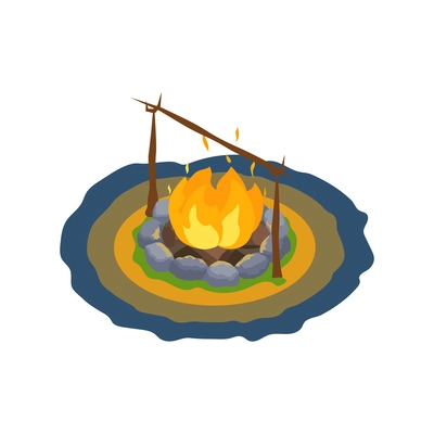 Isometric bonfire surrounded by stones 3d vector illustration