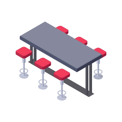 Food court interior icon with isometric table and stools 3d vector illustration