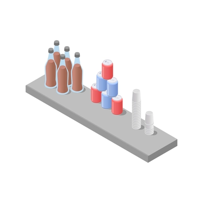 Food court isometric icon with bottles cans and empty plastic cups on table 3d vector illustration