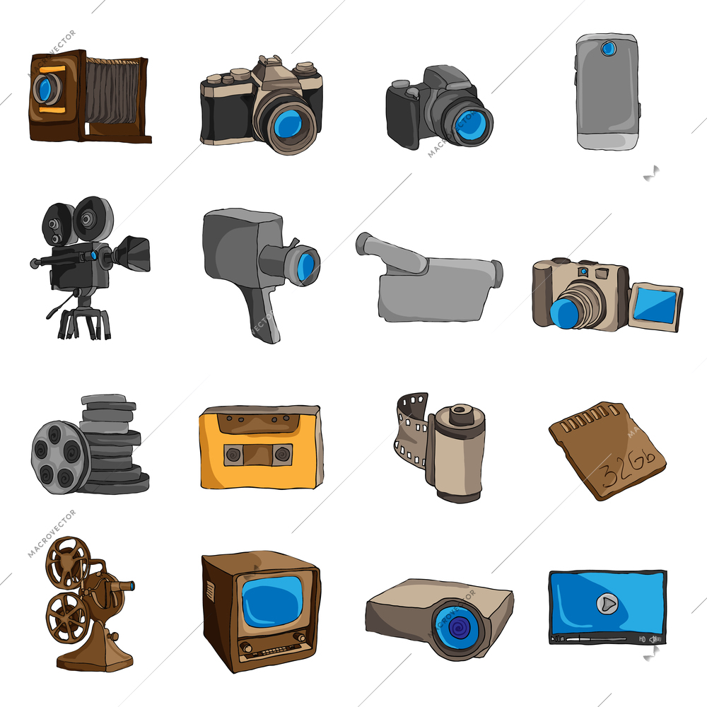 Photo video camera and multimedia entertainment technology doodle colored icons set isolated vector illustration