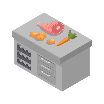 Isometric kitchen cupboard table with meat and vegetables 3d vector illustration