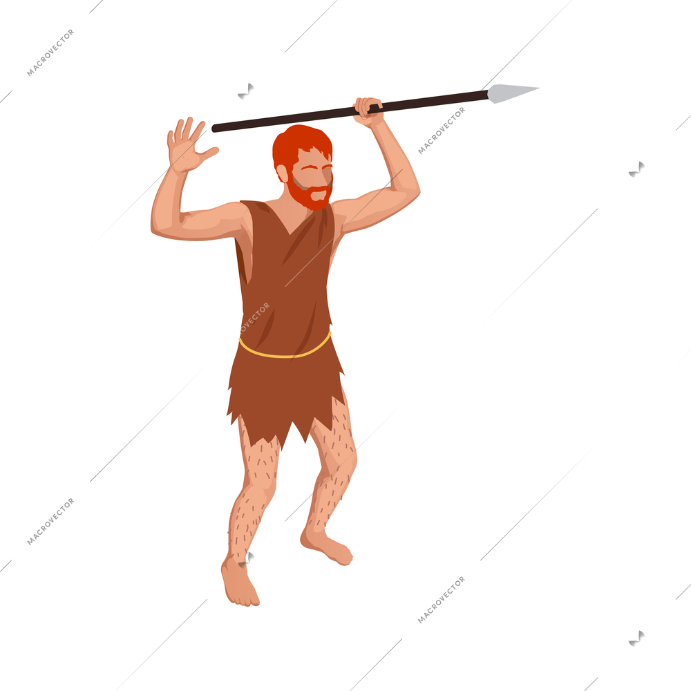 Isometric caveman with spear in hand 3d vector illustration