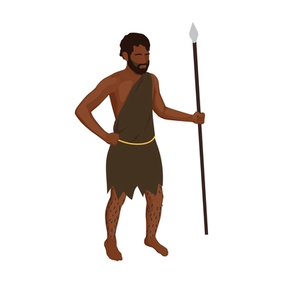 Dark skinned caveman holding spear on white background isometric vector illustration