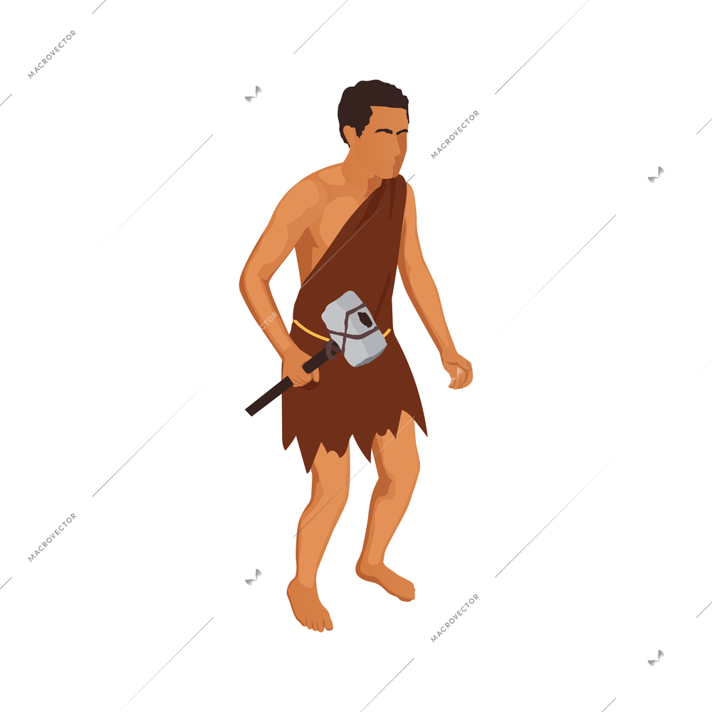 Caveman wearing animal skin holding axe in hand isometric vector illustration