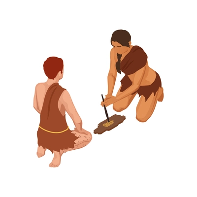 Isometric primitive people making fire by rubbing twigs 3d isometric vector illustration