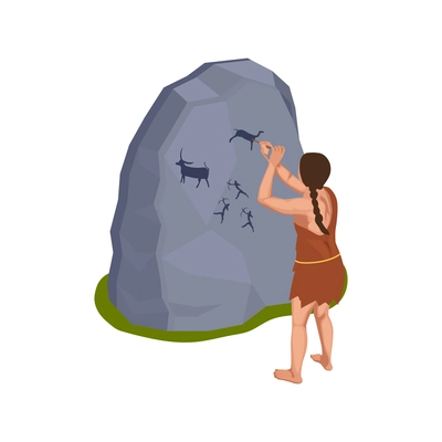 Isometric primitive woman doing rock painting 3d vector illustration