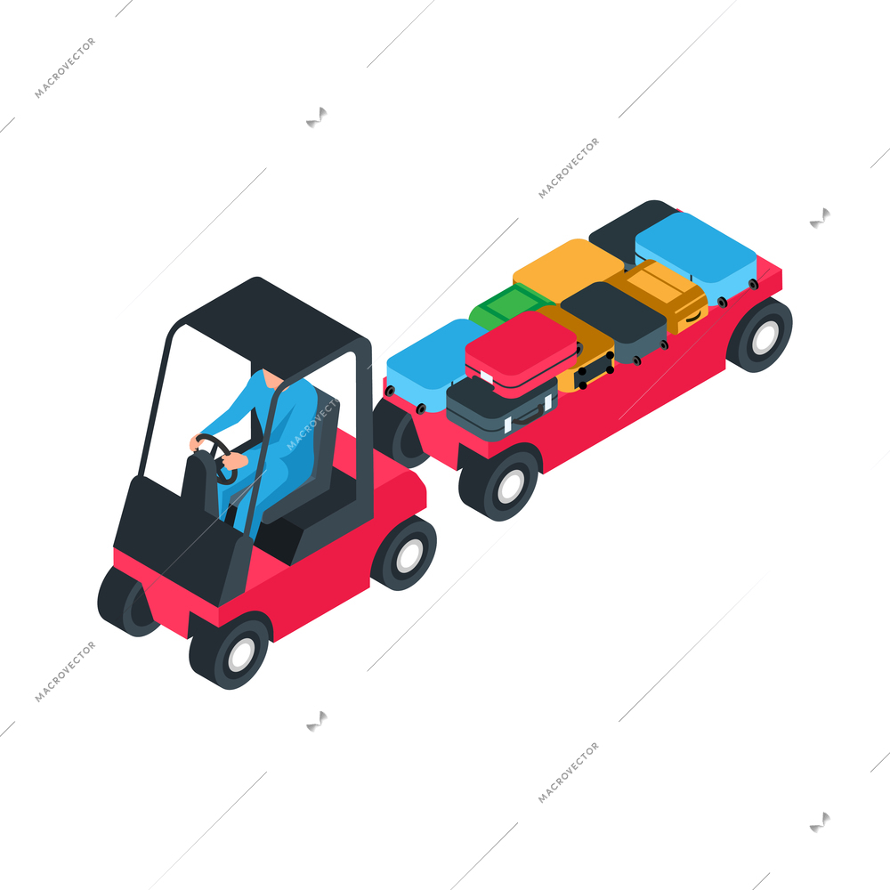 Isometric icon with character driving airport luggage car 3d vector illustration