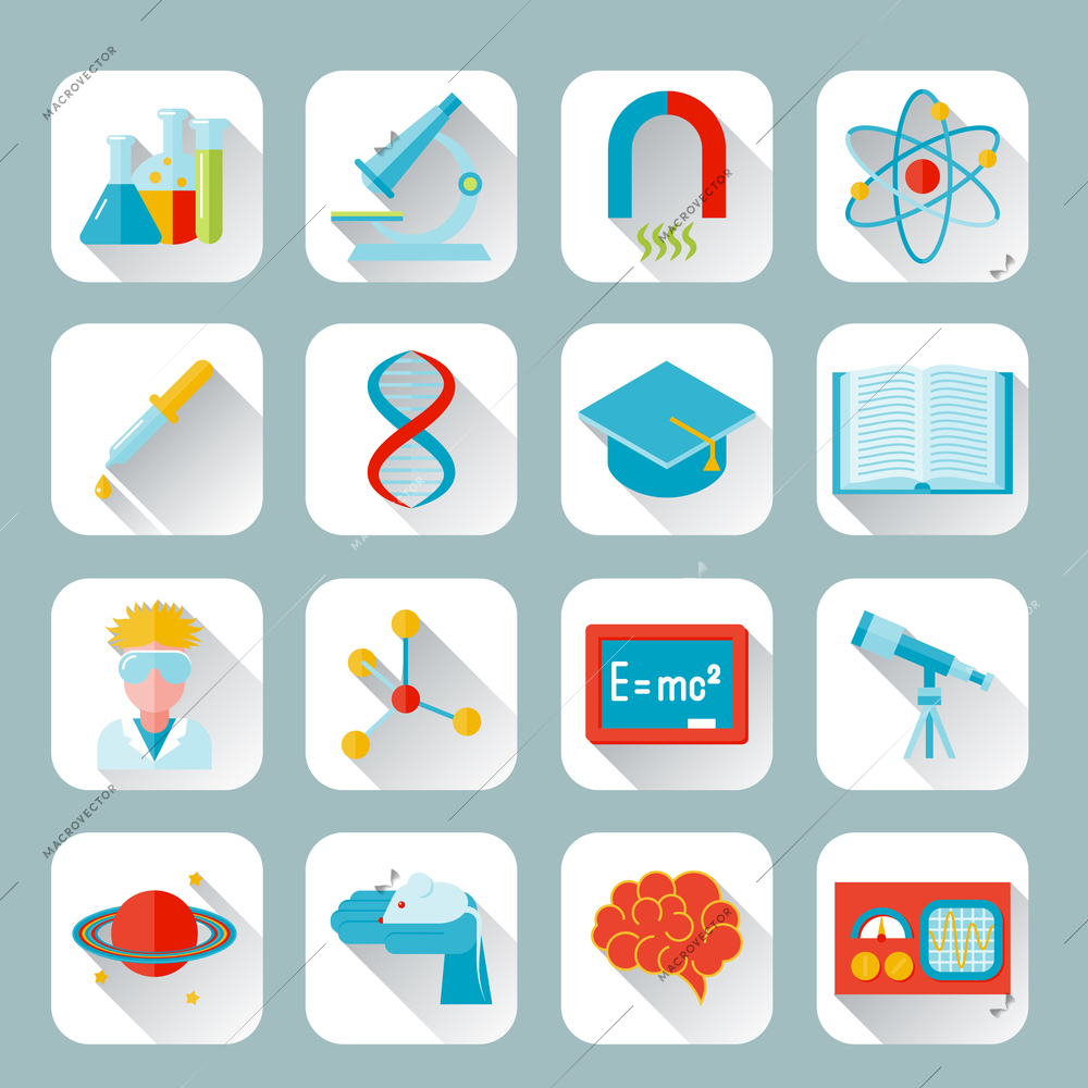 Science and research icon flat set with flask microscope magnet atom isolated vector illustration