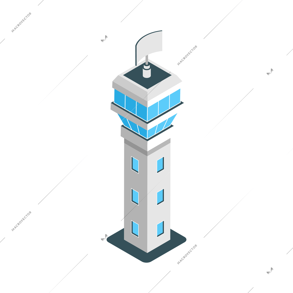 Isometric icon with air traffic control tower in airport 3d vector illustration