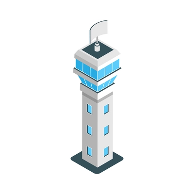 Isometric icon with air traffic control tower in airport 3d vector illustration