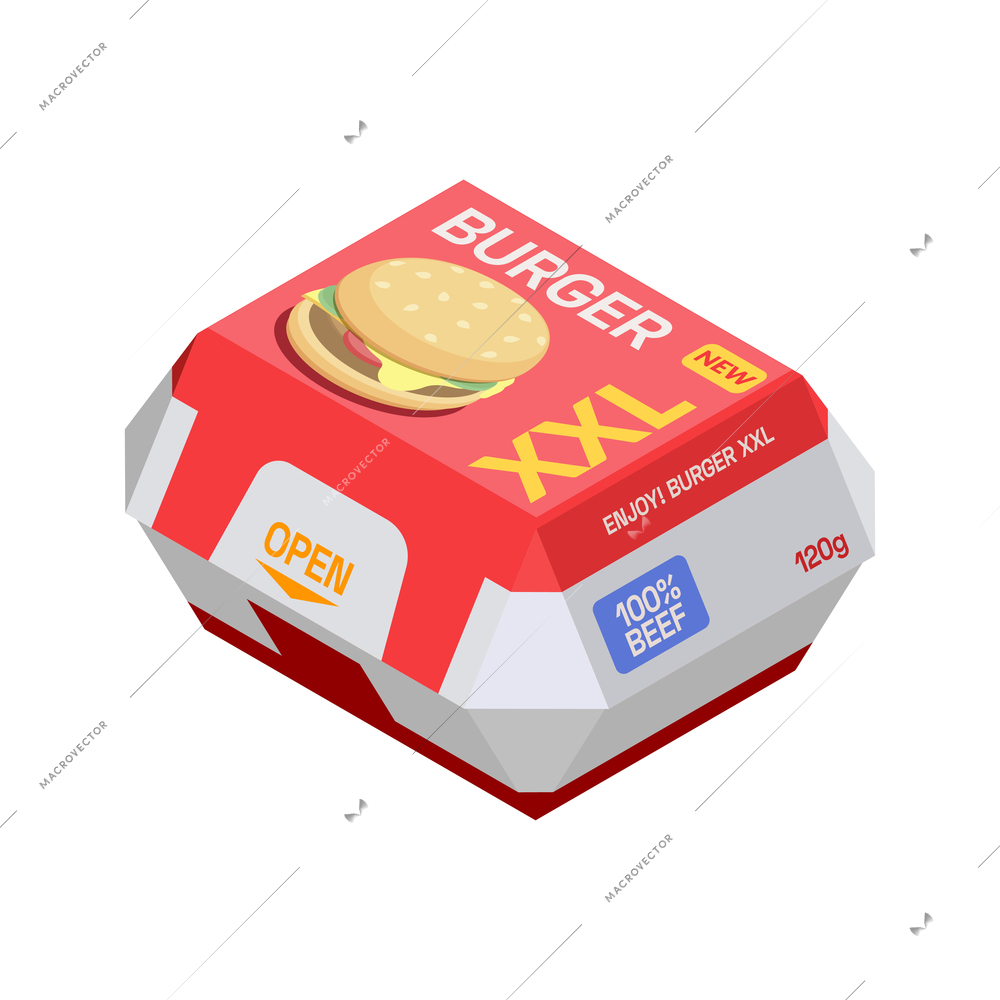 Isometric icon with xxl burger in cardboard box 3d vector illustration