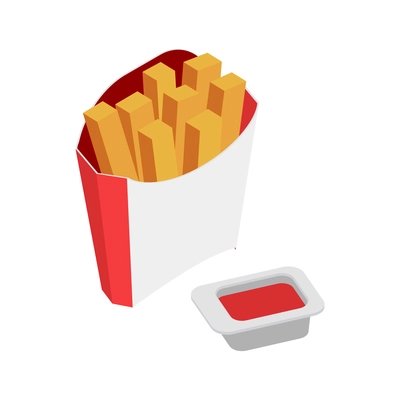 Isometric package of french fries with ketchup 3d vector illustration