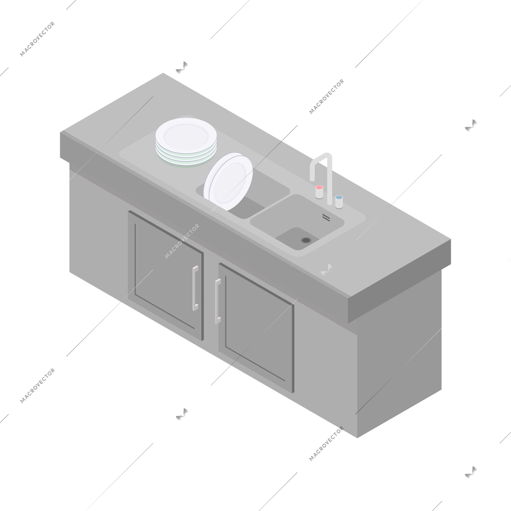 Stainless steel sink with clean plates in restaurant or cafe kitchen isometric icon 3d vector illustration