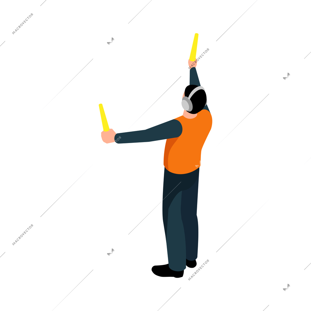 Isometric character of runway marshaller back view 3d vector illustration
