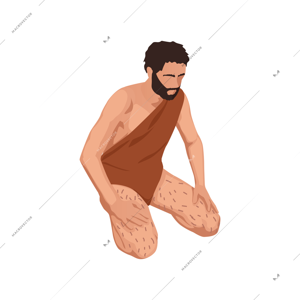 Isometric icon with caveman on his knees 3d vector illustration