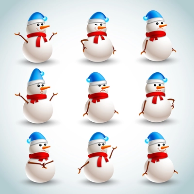 Winter christmas snowman emotions icons set isolated vector illustration