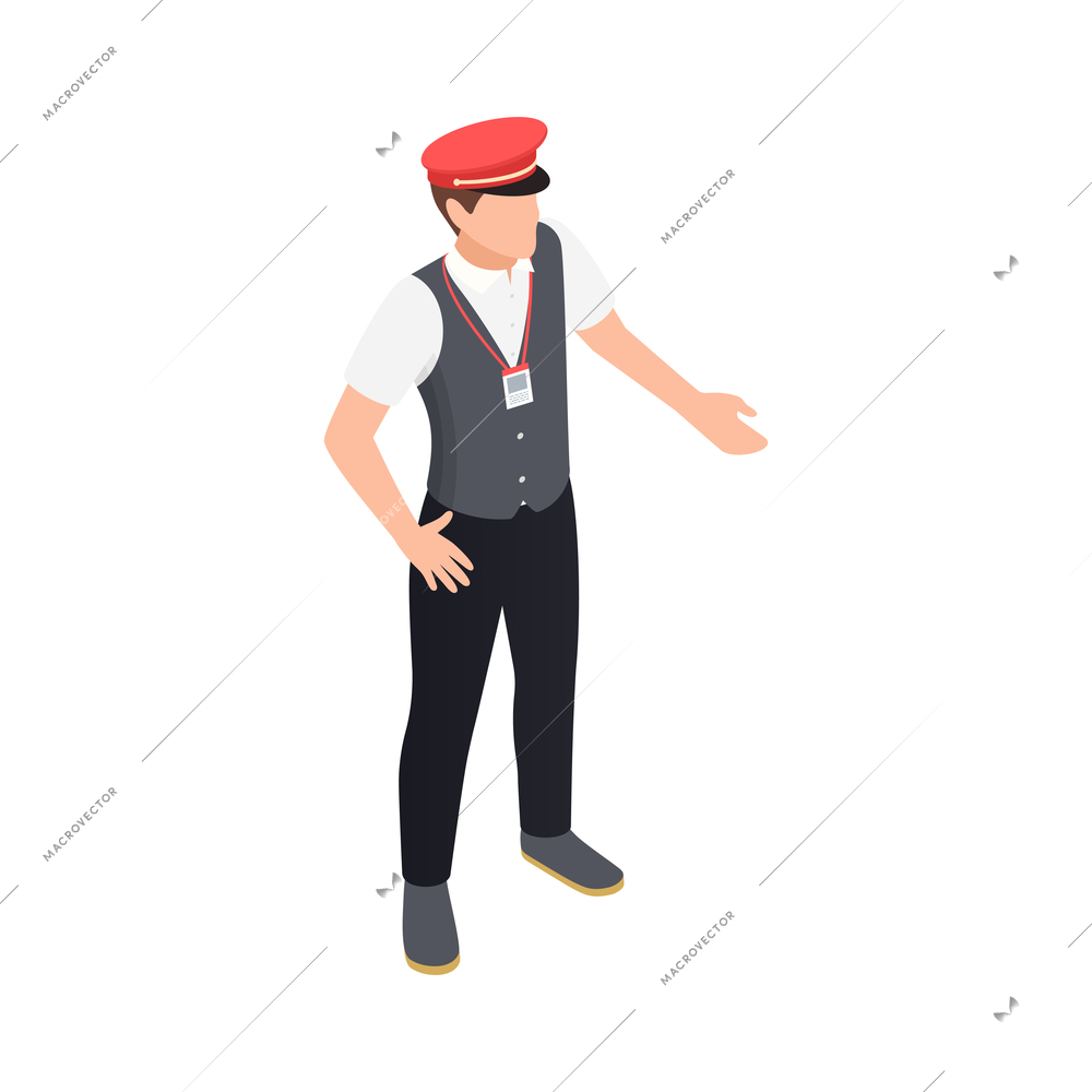 Isometric icon with male character of railroader wearing uniform vector illustration